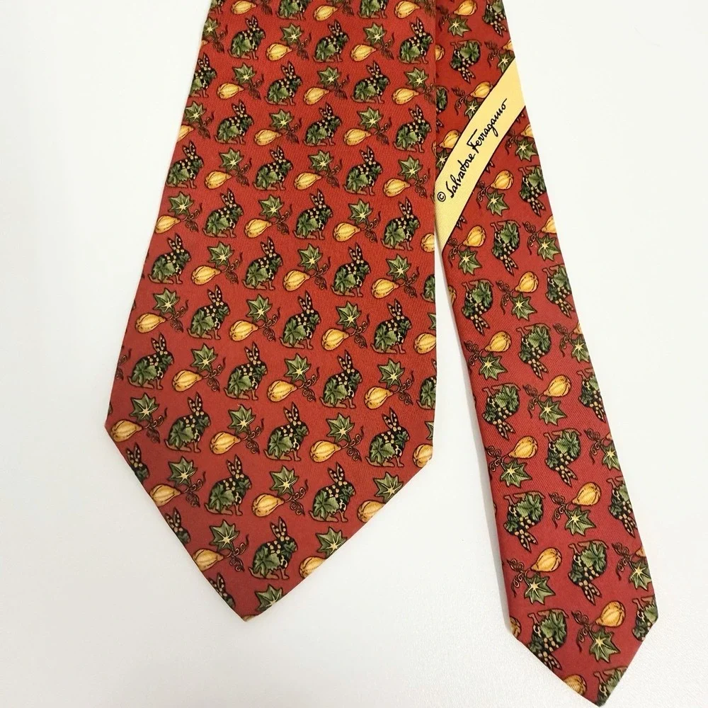 Salvatore Ferragamo Tie Rabbits & Pumpkins Autumn Leaves Red Silk 3 5/8